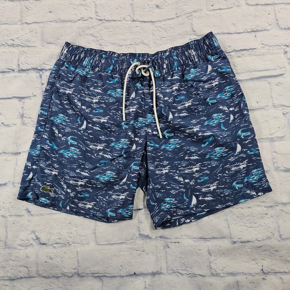 Lacoste Swim Trunks Mens M Blue Nautical Sailboat Print Drawstring Mesh Lining